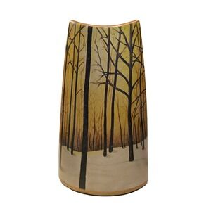 Modern Ceramic Winter Forest Tree Scene Boat Shaped Vase Gold Rim 11 Inch
